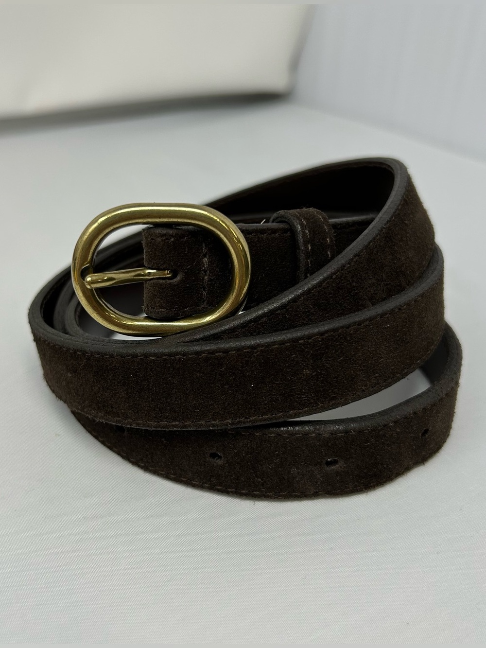 Eddie Bauer Suede Leather Belt Brown Gold Oval Buckle Womens XL 39”-44” Western